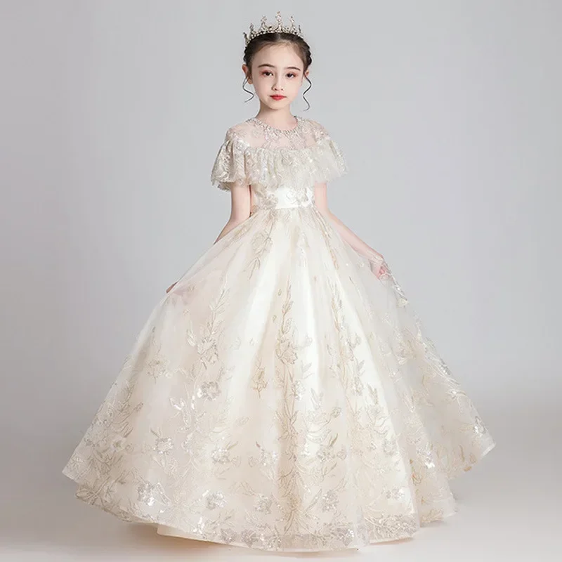 Bambini 2024 nuova ragazza soffice garza alla moda Flower Girl Wedding Host Piano Performance Dress