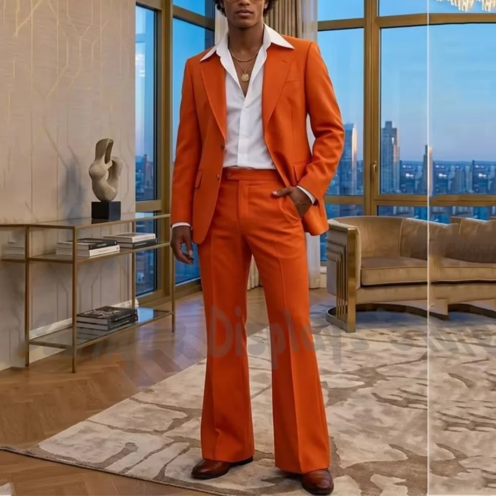 Fashion Orange Men Two Piece Suit Notch Lapel Single Breasted Blazer Pants Retro 70s Outfit Wedding Guest Birthday Party
