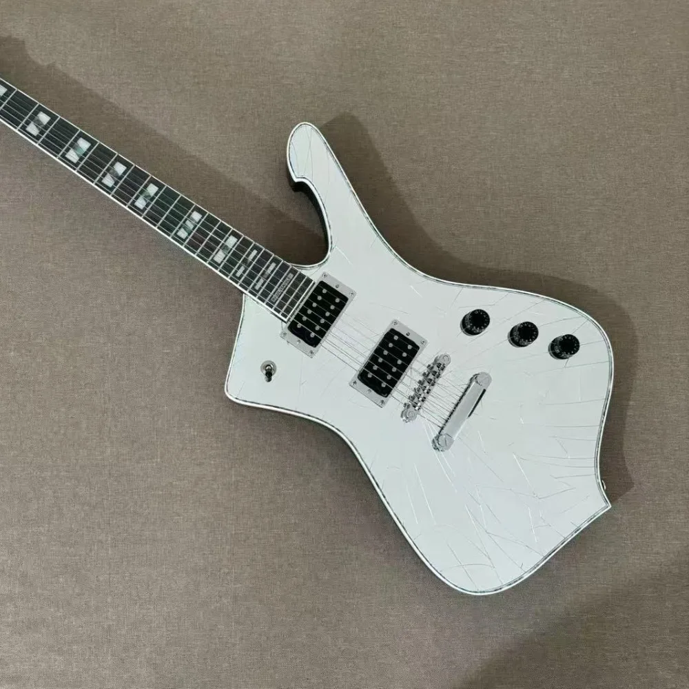 White 6 String Electric Guitar Solid Mahogany Body Special Irregular Shape Crack Texture Finish  Smooth Neck Stable Tuning Great for Metal Hard Rock Performance