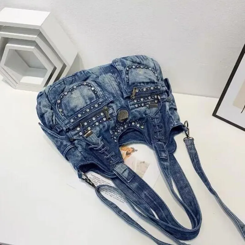 Nuova borsa a tracolla da donna in denim borsa a tracolla in Denim con decorazione rivetto Vintage borsa Hobo di grande capacità