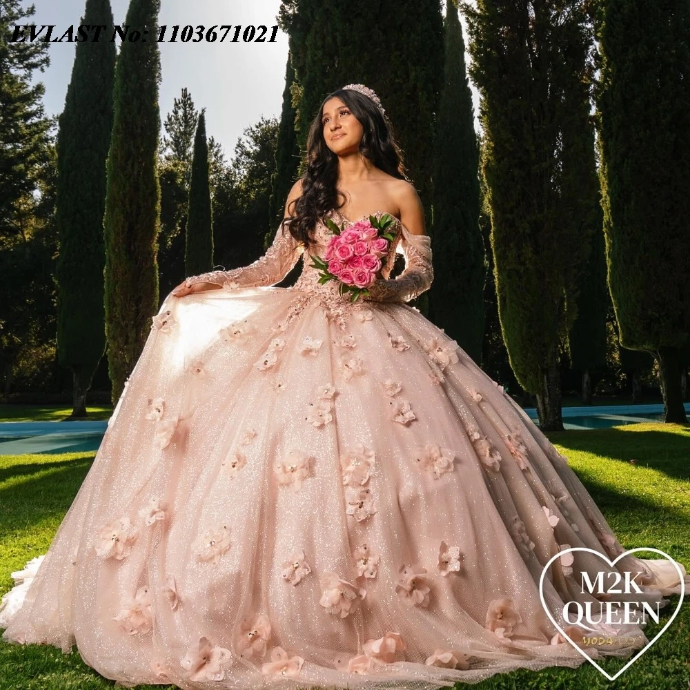 EVLAST Princess rumieniec różowy sukienka na Quinceanera 3D kwiaty koronkowa aplikacja z perełkami gorset słodki 16 Mexican Vestidos De 15 Anos SQ430