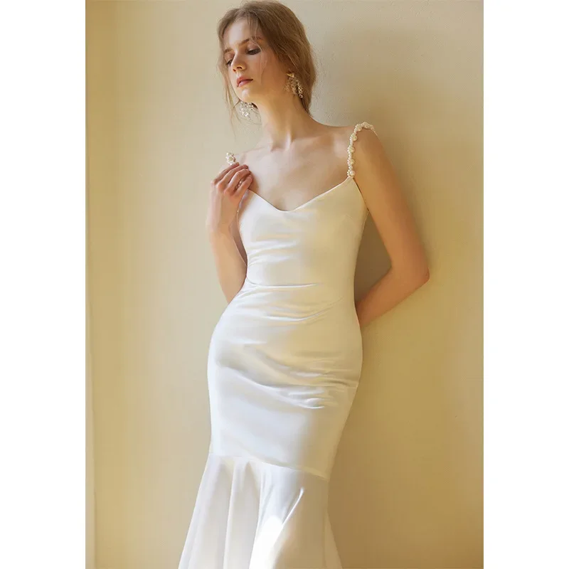 Jurk Wit Satijn Verlovingsjurk 2024 Nieuwe Bruids Ochtendjurk Reizen Sluier Party Zware Industrie Avondcadeau Vestidos De Novias