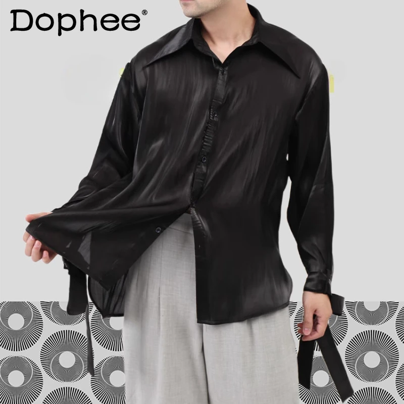 

Men's 2025 Spring Autumn New Solid Color Ribbon Shirts Trendy Male Loose Comfort Long-sleeve Tops Men's Satin Lapel Chic Shirts