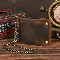 YETTIES Cartera de cuero de grano superior extraíble para hombre, plegable con cremallera corta y cadena desmontable, bolso de mano práctico retro para hombre