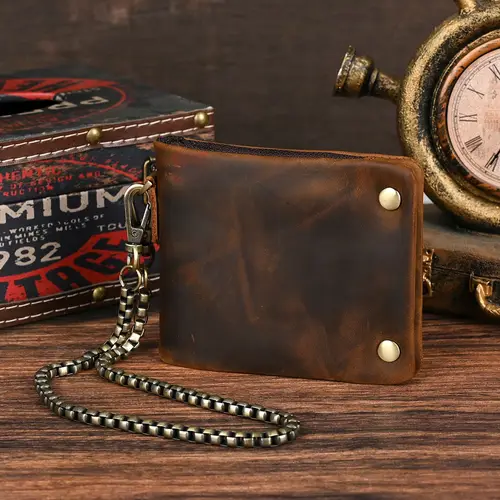 YETTIES Cartera de cuero de grano superior extraíble para hombre, plegable con cremallera corta y cadena desmontable, bolso de mano práctico retro para hombre