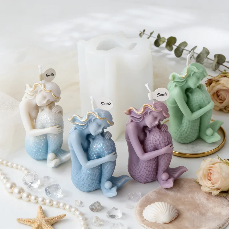 Molde de silicona 3D de sirena abrazando las piernas, niña durmiente, para velas, jabón, resina, yeso, bricolaje, regalos de decoración para el hogar y fiestas de cumpleaños