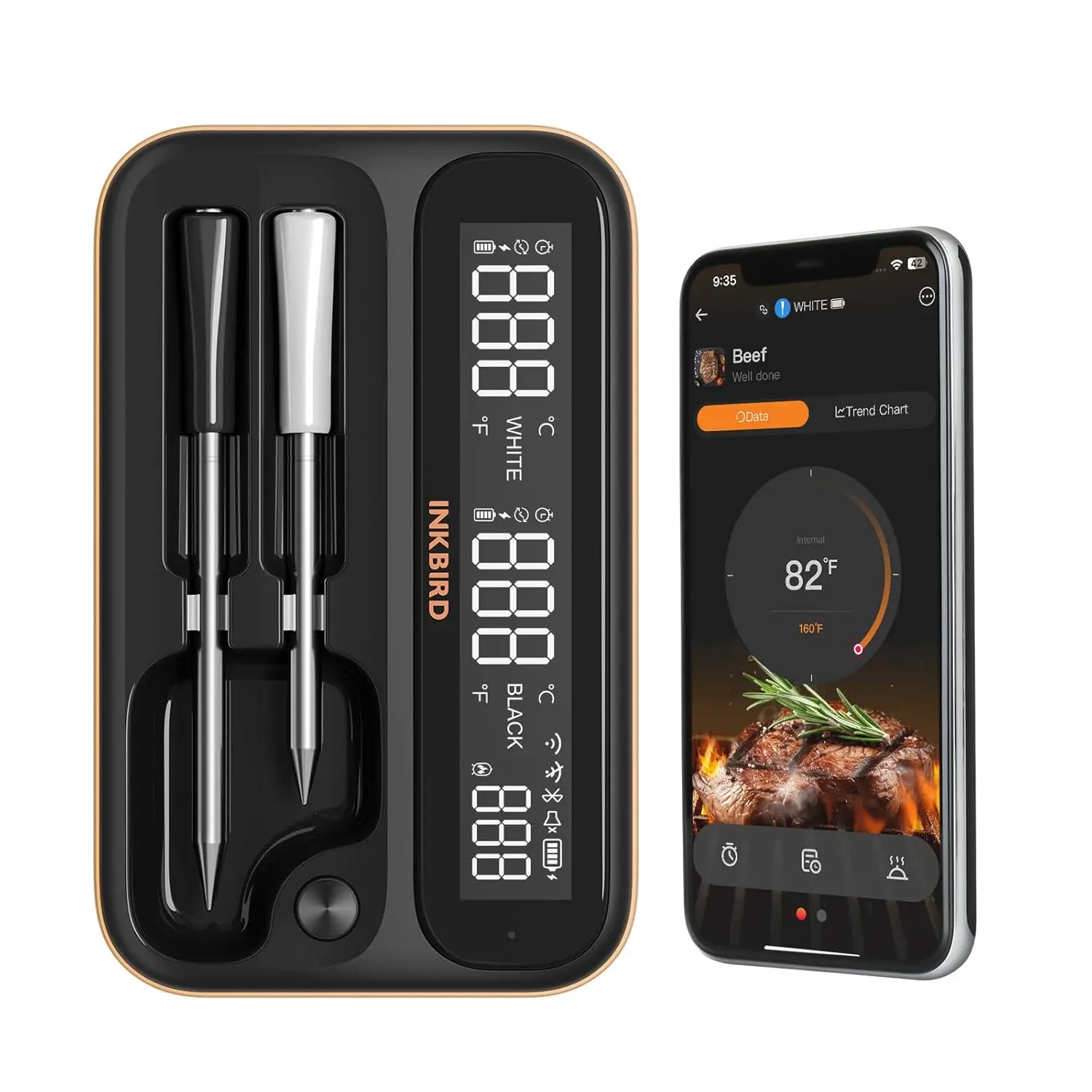 

Wireless Smart Meat Thermometer with WiFi 5G/2.4G & Bluetooth 5.4, Dual Probes, Unlimited Range & LCD Display