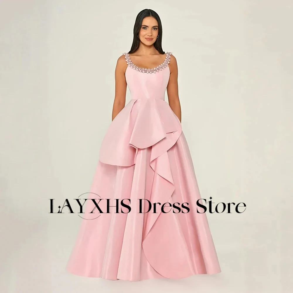 LAYXHS Novel Pink Spaghetti-Straps Evening Dresses Beaded A-Line Ruffle Backless Prom Dresses Customized فساتين سهرات