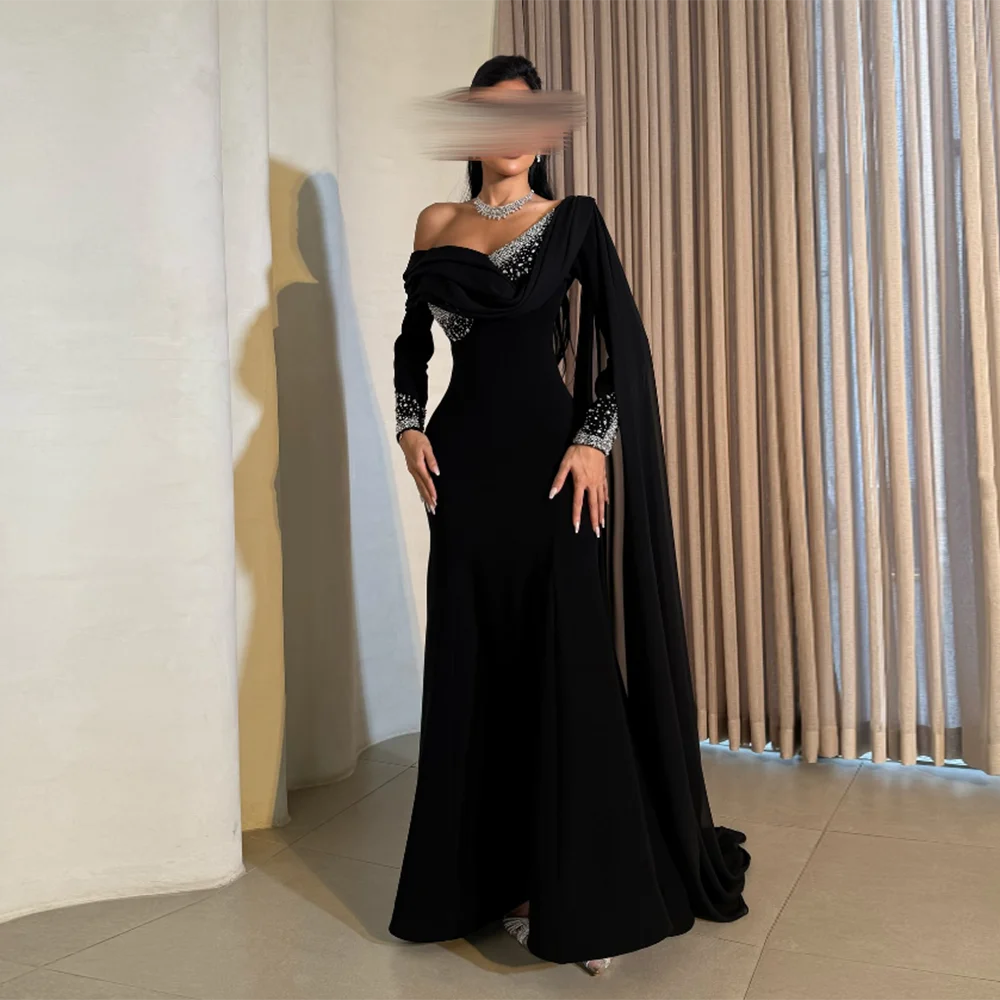 

Customized V-neck mermaid Evening Dresses Off The Shoulder Beading Sequined Floor-Length Prom Gown Modern Long Party Dress