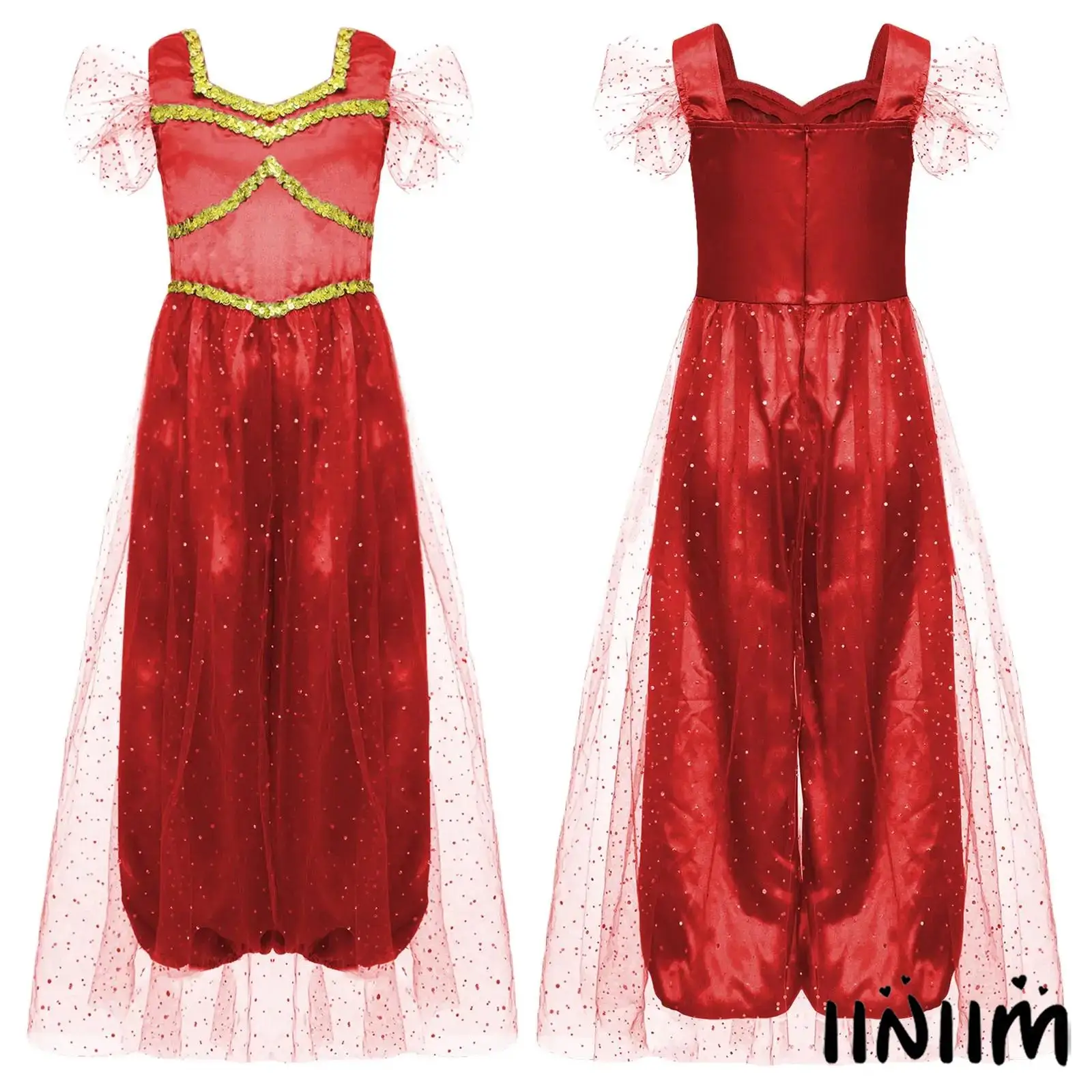 

Enchanted Arabian Princess Costume for Girls with Sparkling Sequins And Full Bodysuit Halloween Character Role Play Jumpsuit