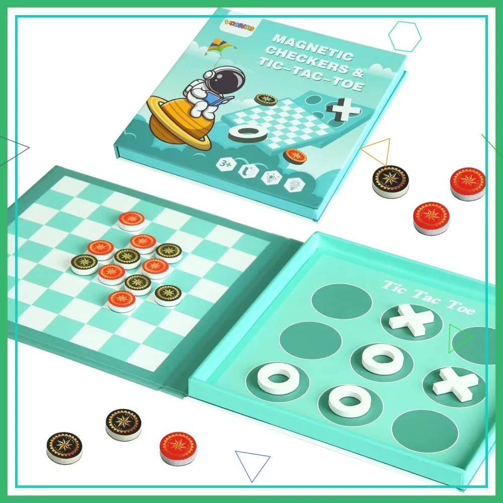 2-in-1 Magnetic Checkers & Tic-Tac-Toe Travel Game for Kids 3+