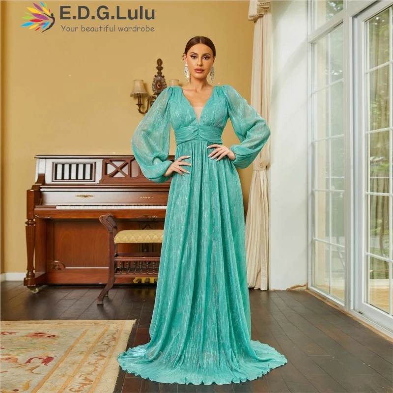 

EDGLuLu Bohemian Sexy Deep V-Neck Lantern Sleeves Women Dresses Elegant High Waisted Folds Loose Green Long Dresses 0711