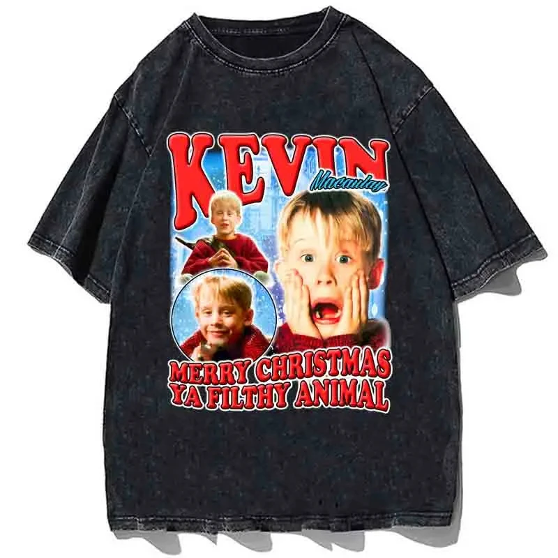 Movie Home Alone Graphic T-shirt Kevin Printed Tshirt High Quality Cotton Loose Oversize Tees Tops Vintage Washed Men T Shirt