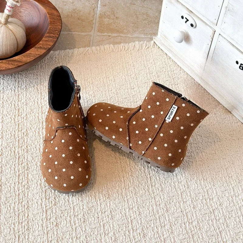 Winter Kids Vintage Ankle Boots New Fashion Polka Dot Girls Warm Thermal Boots Outdoor Non-slip Children's Plush Boots Round-toe