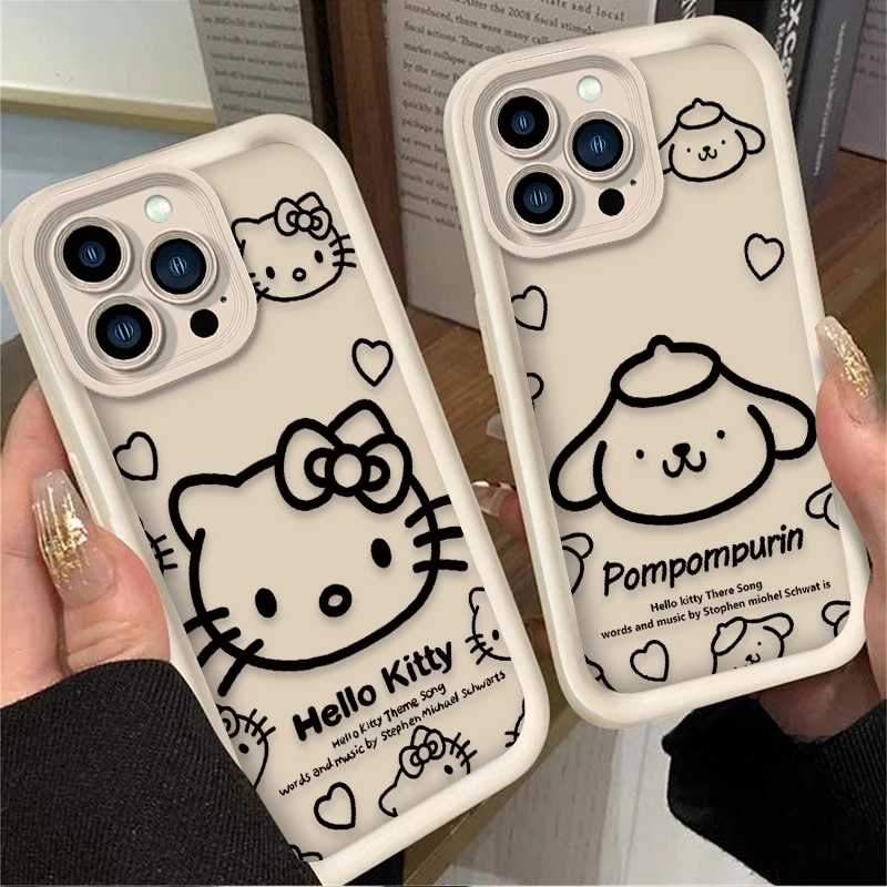 Cute Line Hello Kitty Case For iPhone 16 15 14 13 12 11 Pro Max X XS X S Max XR SE 2020 7 8 Plus iphone16 Soft Shockproof Cover