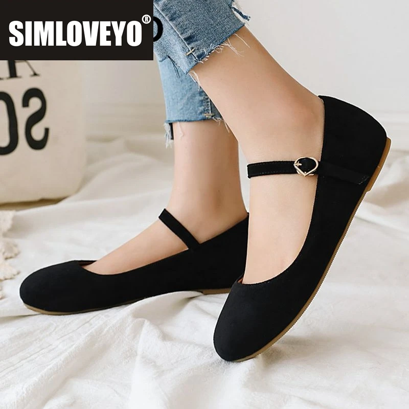 

SIMLOVEYO Shoes Women Fashion Soft Flock Suede Large Size 31 46 Casual Daily Style Female Women Flats Round Toe Buckle Strap