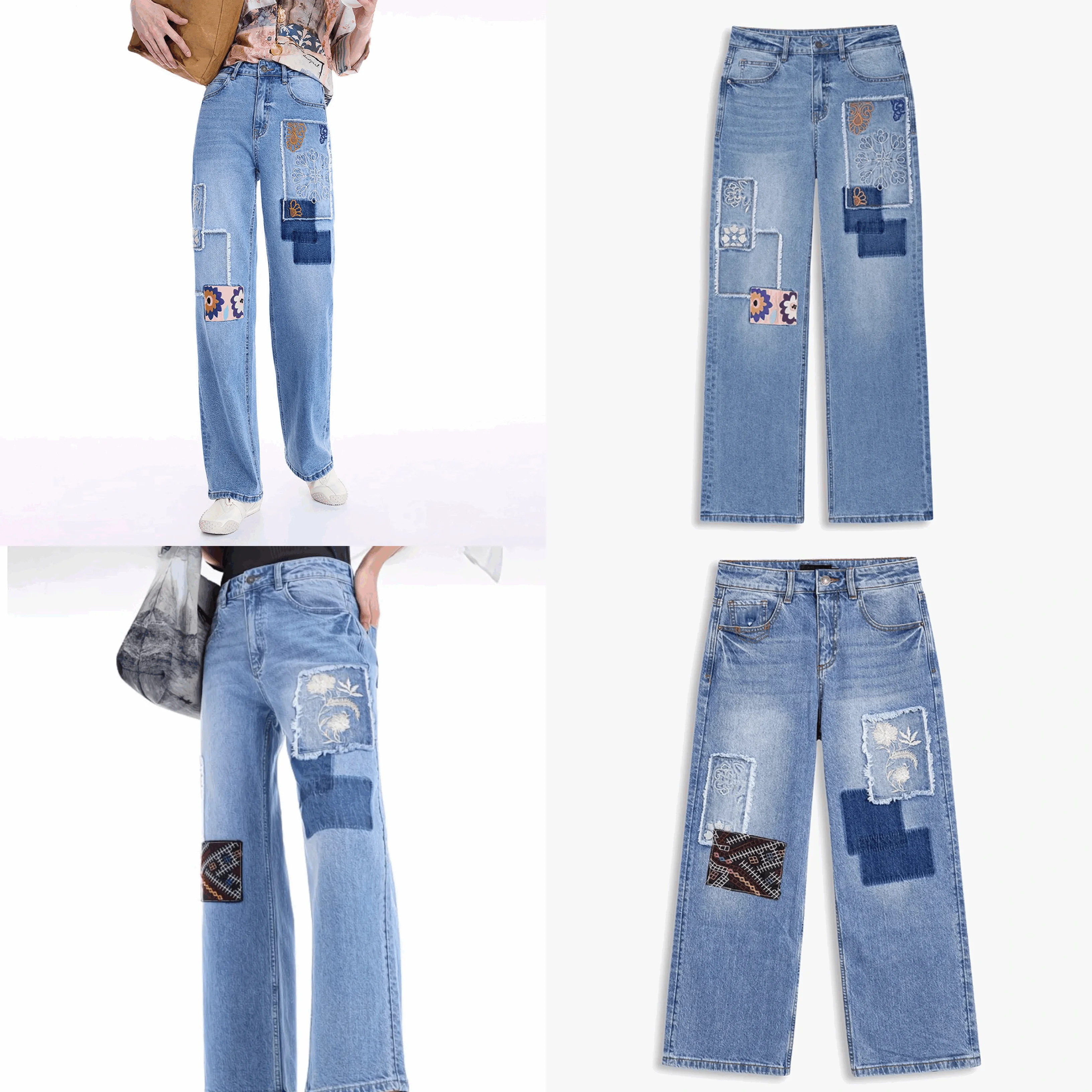 

Оригинальные одинарные женские джинсы в Европе, Америке и Испании, повседневные укороченные брюки прямого кроя с цветочной вышивкой, новый стиль
