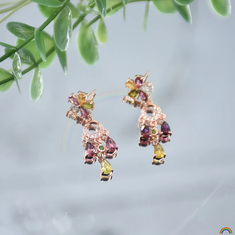 

Natural tourmaline earrings, S925 sterling silver earrings, niche light luxury petal-shaped rainbow gemstone earrings, Rwbuy