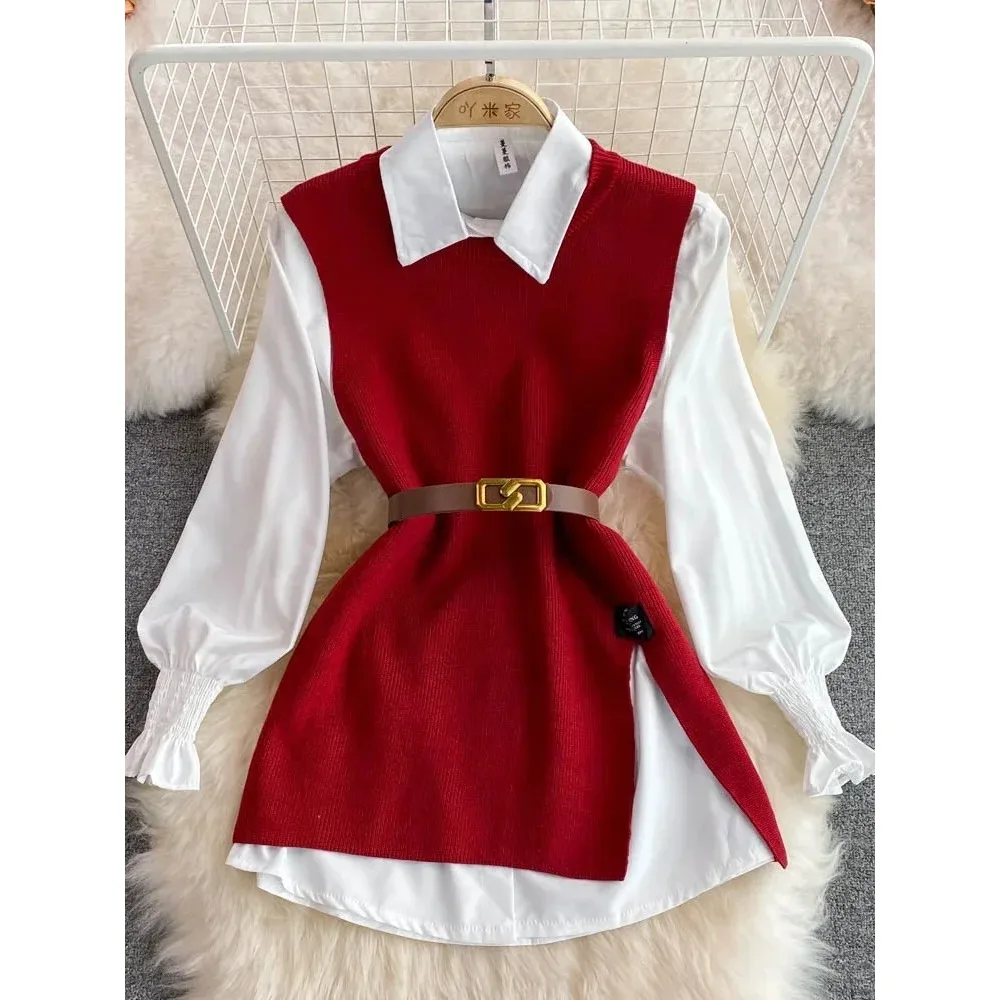 New Autumn Fashion Korean Office Lady Lapel Lantern Sleeves White Shirt +V-neck Knitted Vest Casual Two-piece Set Clothes Women