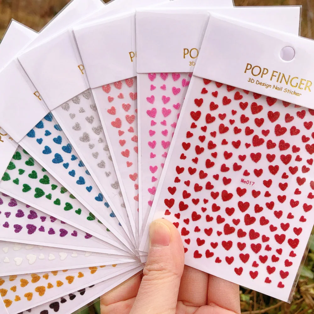 1 Sheet 3D Heart Nail Art Sticker Colorful Glitter Love Self-Adhesive Slider Shiny Decals Manicure Accessories Nail Decorations