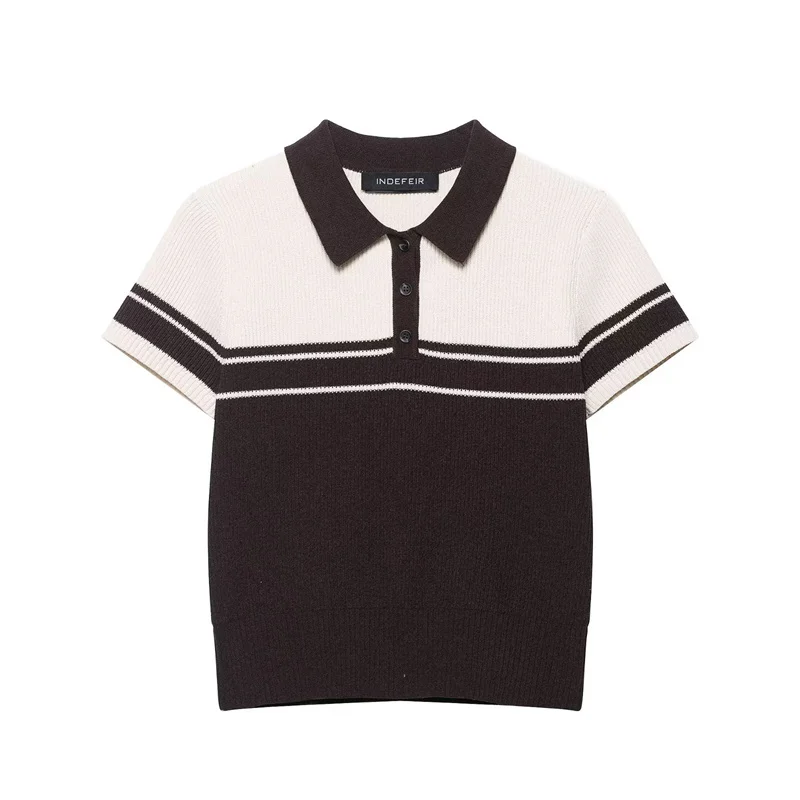 

Women's Top Summer 2025 New Brown and White Color-Blocked Short Sleeve Ribbed Knitted Polo Shirt Top Casual Fashion Simple