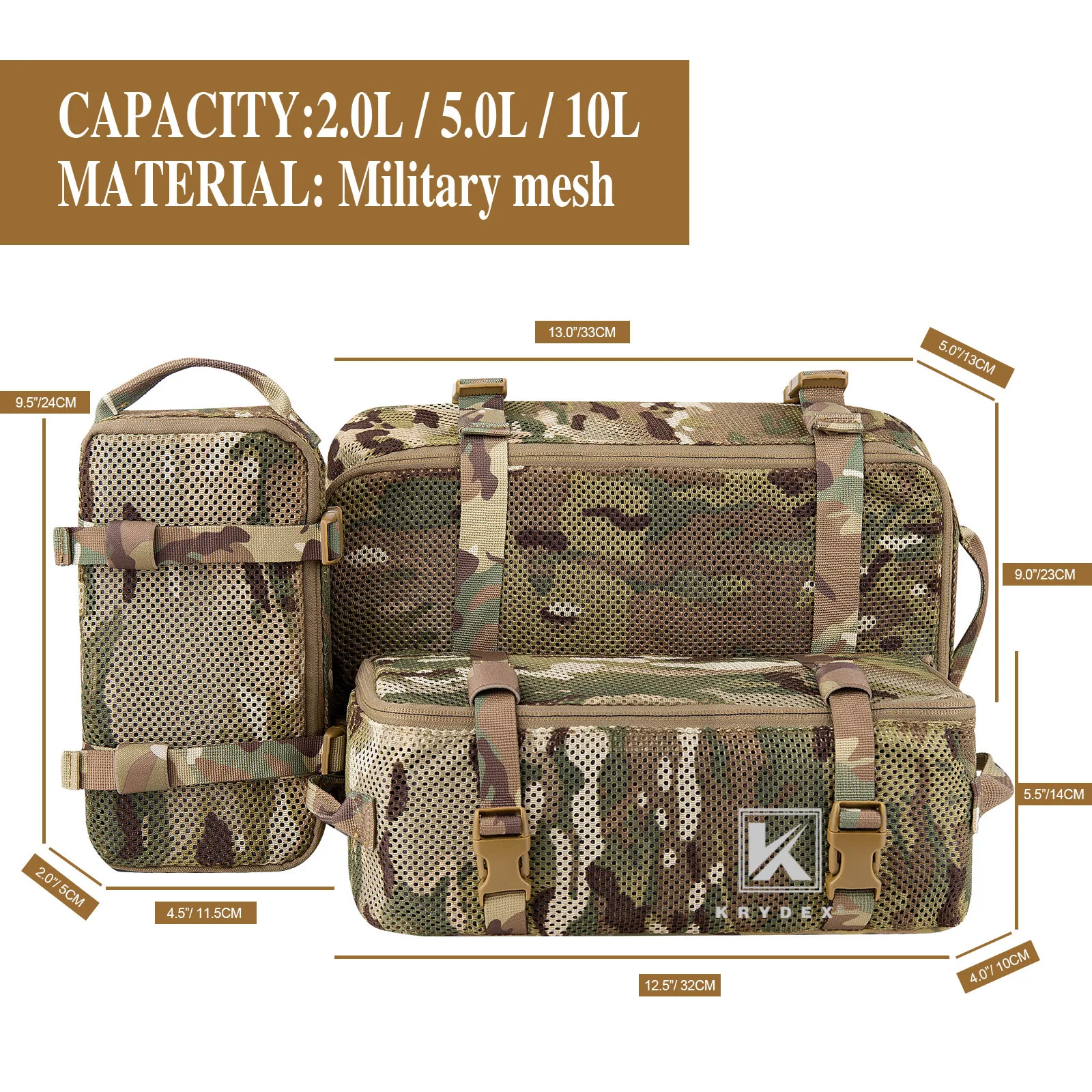 KRYDEX 3PCS Tactical Modular Pouch Outdoor Backpack Organizer Travel Suitcase Packing Cubes Storage Hunting Hiking Accessories