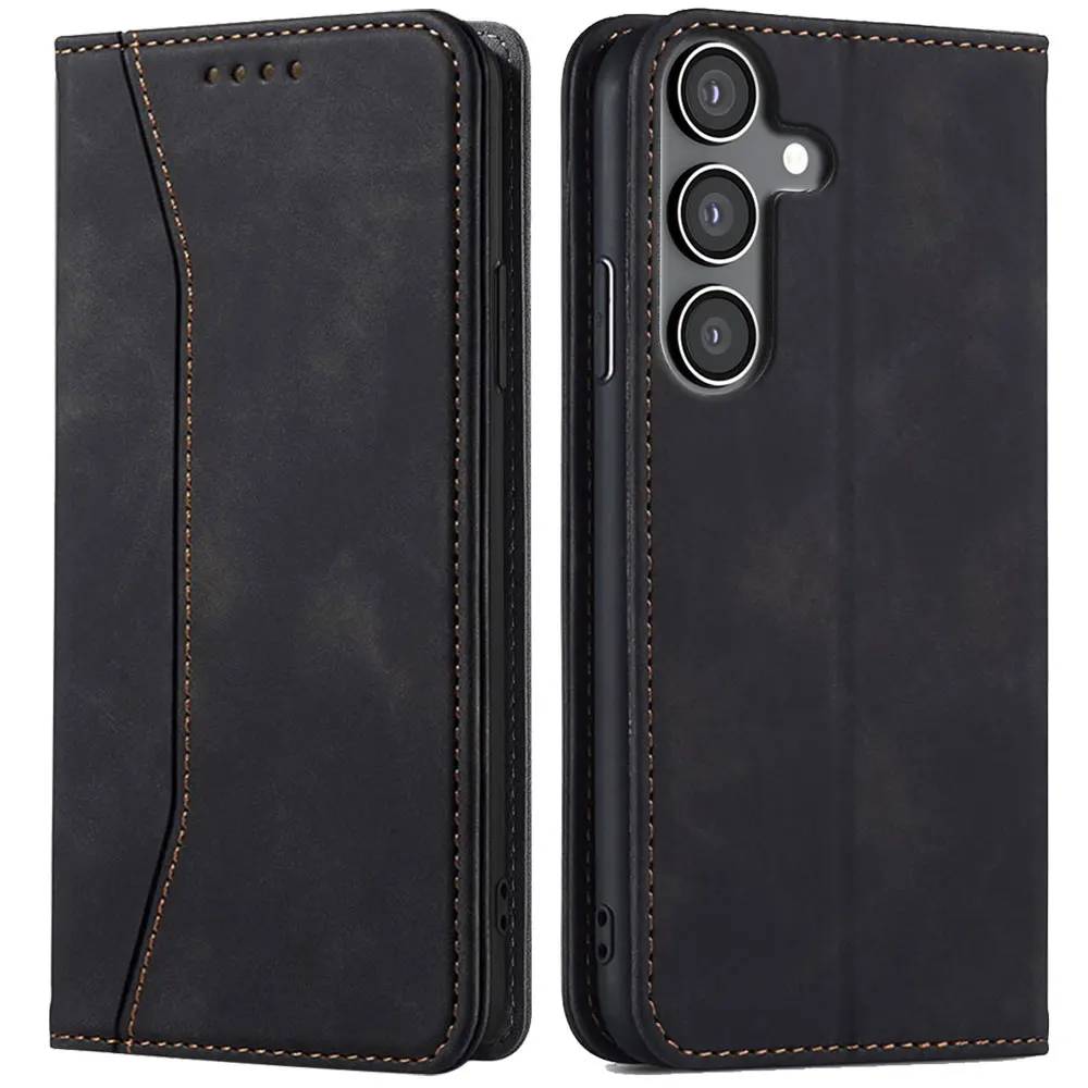 For Samsung Galaxy S24/S24 Plus/S24+ 5G Leather Case Rugged Phone Flip Card Slots Magnetic Wallet Phone Cover Black