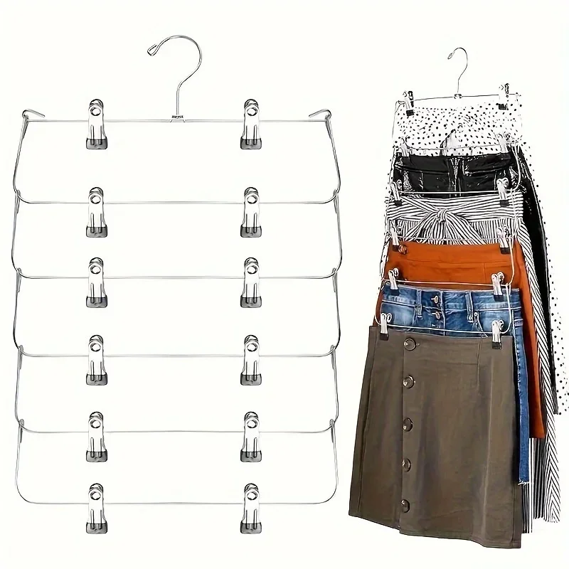Space-Saving 6-Tier Metal Pants Hanger With Clips - Durable, Multi-Layer Storage For Skirts And Trousers, Black