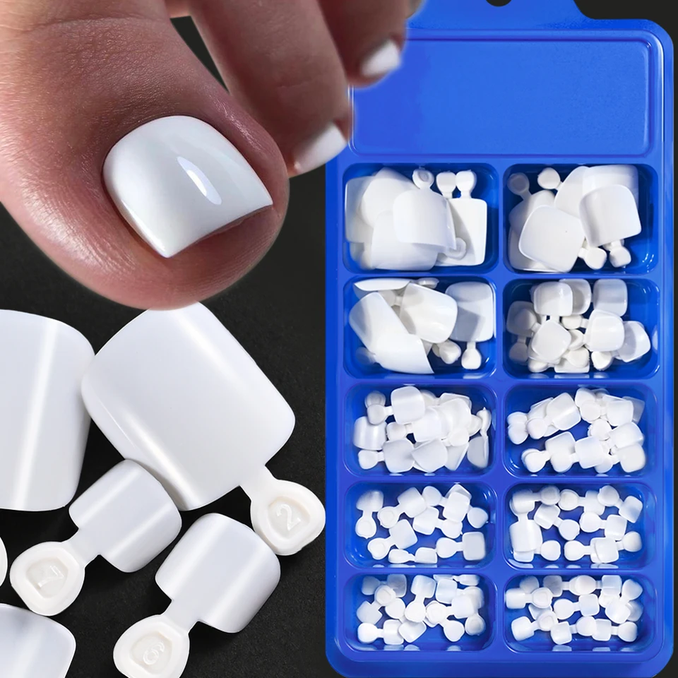 100 piezas uñas postizas blancas cortas cuadradas para pies, verano, cobertura completa, color sólido acrílico 6