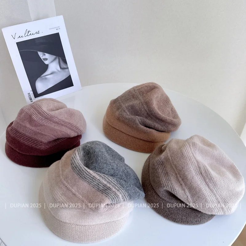 عالية الجودة صوف ميرينو المخلوطة كومة قبعة 100% الصوف الأسترالي محبوك قبعة المرأة في الهواء الطلق التدرج اللون مخطط قبعة من الصوف