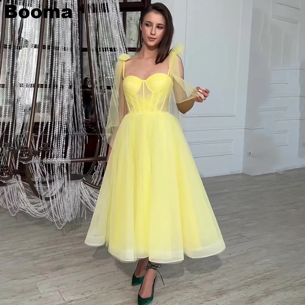 

Booma Yellow A-Line Lace Up Prom Dresses Bow Straps Sweetheart Tulle Party Prom Gowns Ankle Length Women's Formal Evening Dress