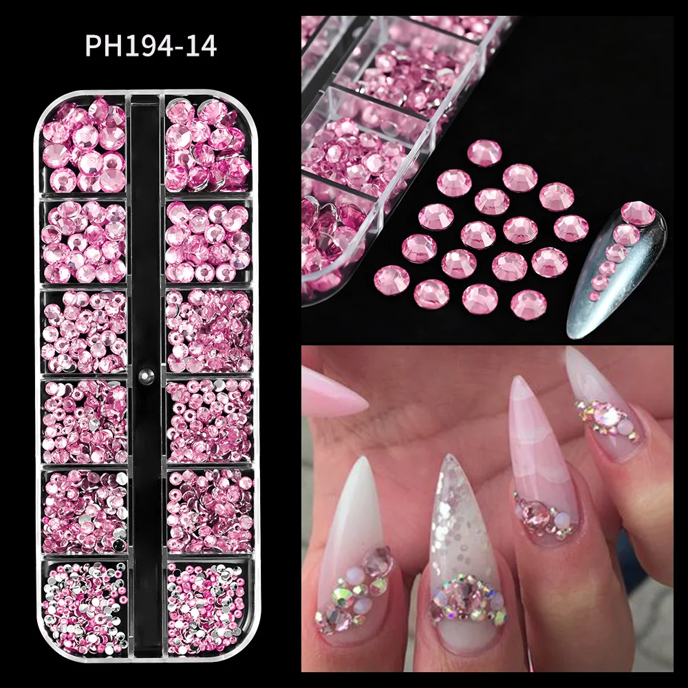 1 caixa multi-tamanho colorido cristal strass prego charme fundo plano brilhante claro diamante jóias de unhas diy engraçado decoração de unhas