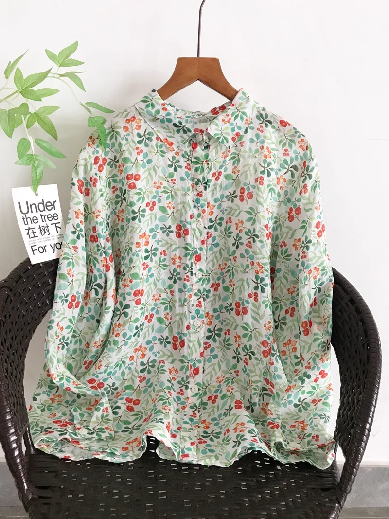 Enianechu Fibra naturale sana 100% ramiè Stampa floreale Camicie e camicette a maniche lunghe Traspirante Autunno Abbigliamento donna