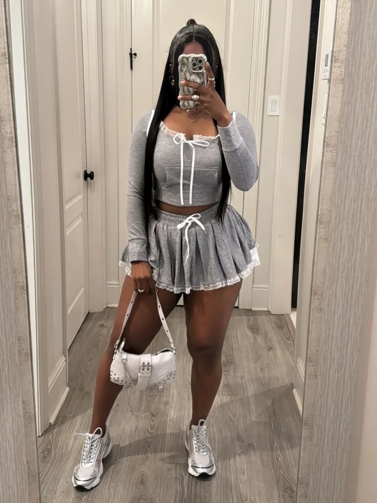 Kliou Kant Patchwork Vrouwen 2 Delige Set Casual Solid Bandage Ronde Hals Volledige Mouw Tops + A-lijn Mini Rokken Vrouwelijke trend Streetwear