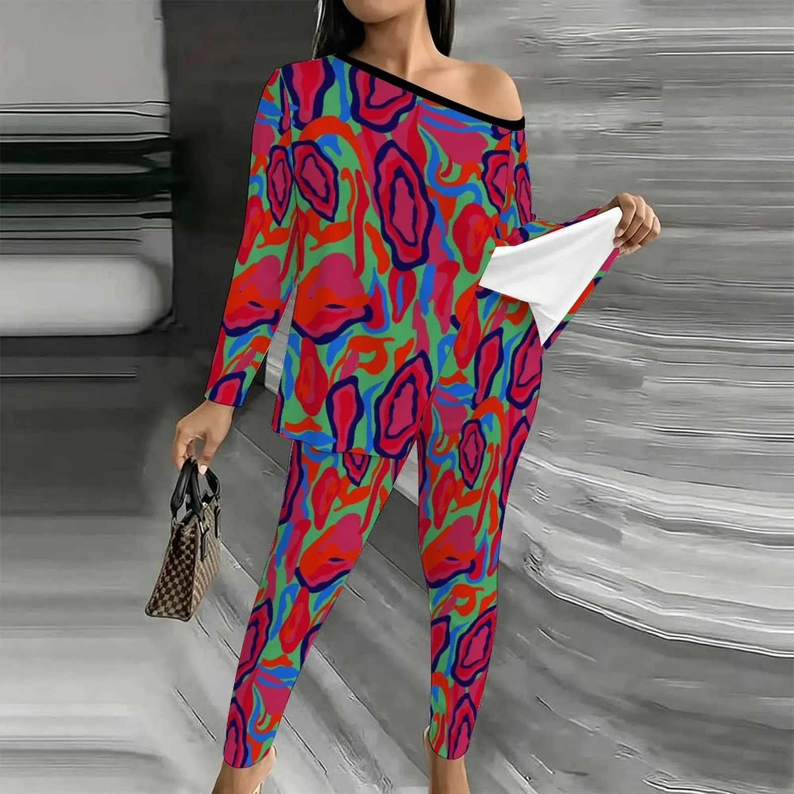 Fashion Printed Jogging Pants  Winter Women's Diagonal Collar Long Sleeved Off Shoulder T-shirt Autumn Elegant Two-piece Set