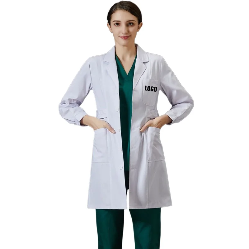 Free Printed Logo Doctor Coat Thick Long Sleeve Medical Scrubs Women Hospital White Robe Nurse Grown Custom Physician Costume