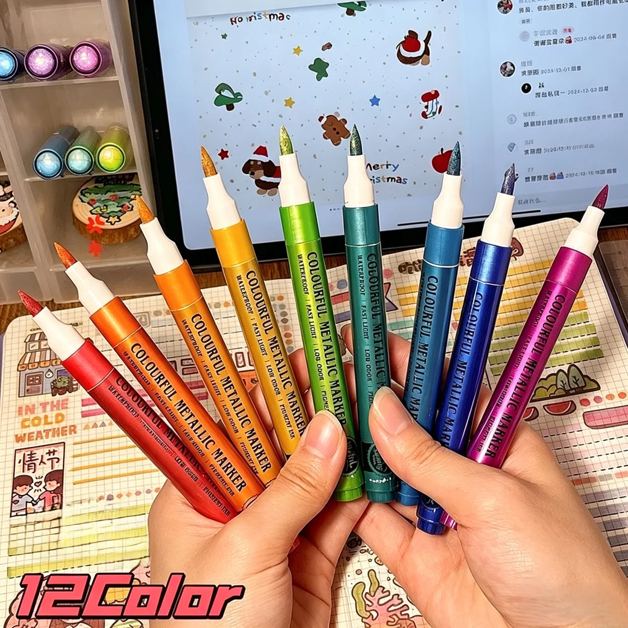 12-Color Metallic Paint Pen Set - Art Markers for Rock Painting, Stone, Ceramics, Wood & Fabric, Ideal for Scrapbooking, Journal