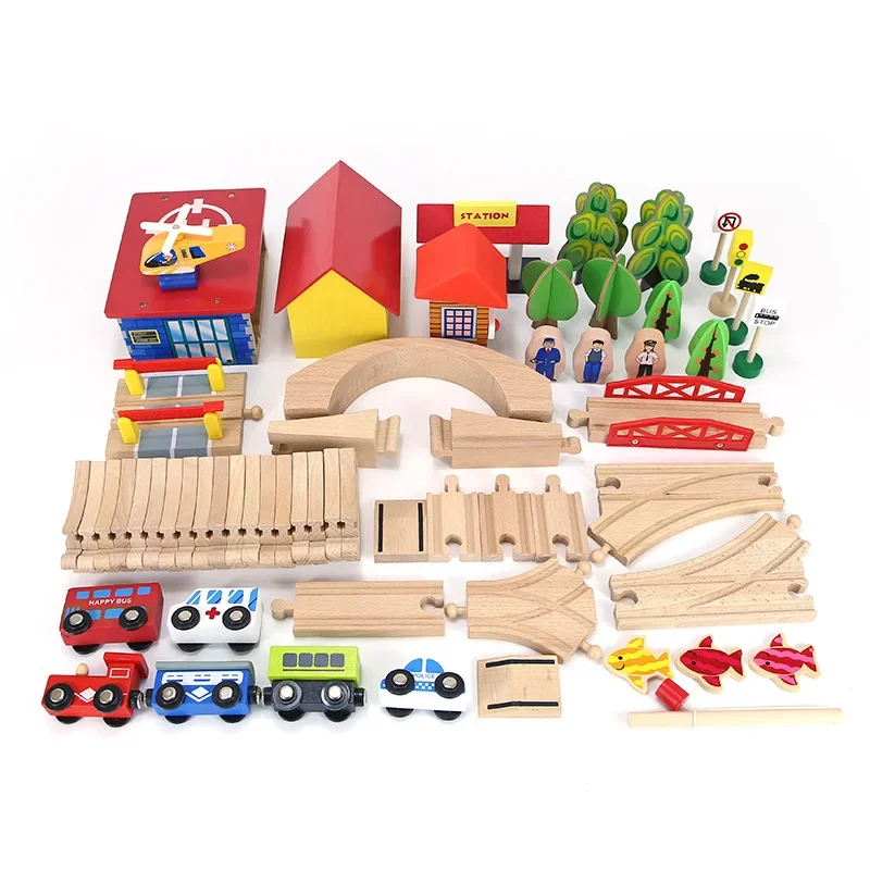 69pcs Wooden Diy Puzzle Railway Cars Building Blocks Set Constructor Bloc De Construction Montessori Board Games Children's Toys