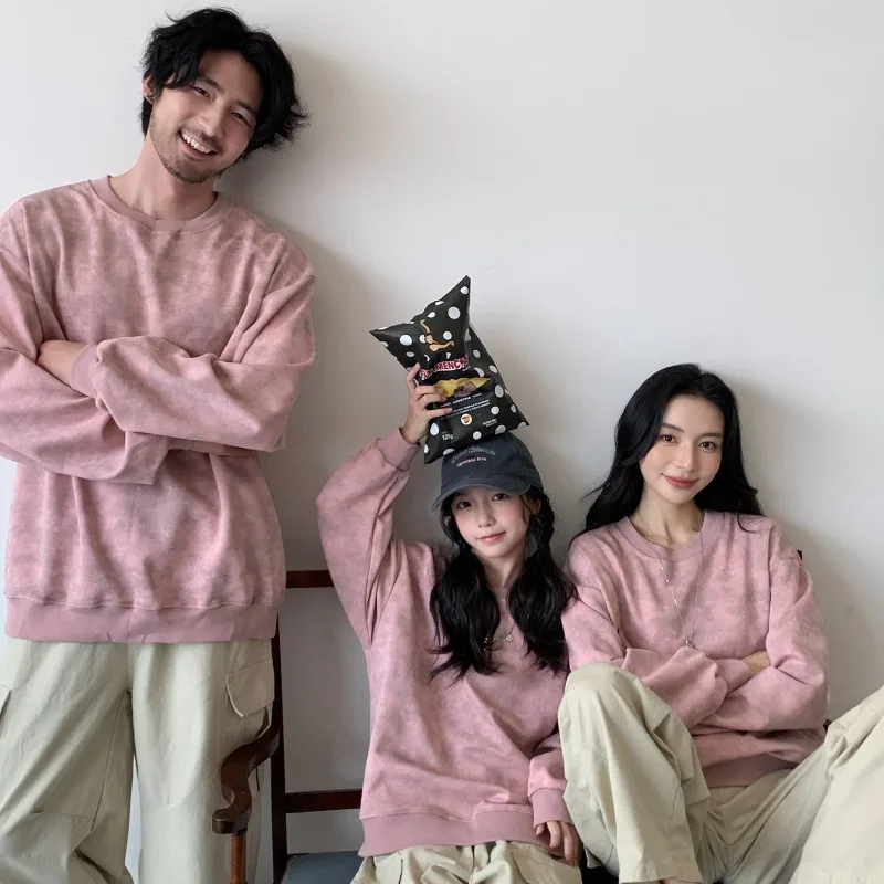 Family Matching Outfits Tie Dye Sweatshirt Pink Pullover Tops Mom Dad Son Daughter Clothes Loose Casual Autumn Family Look