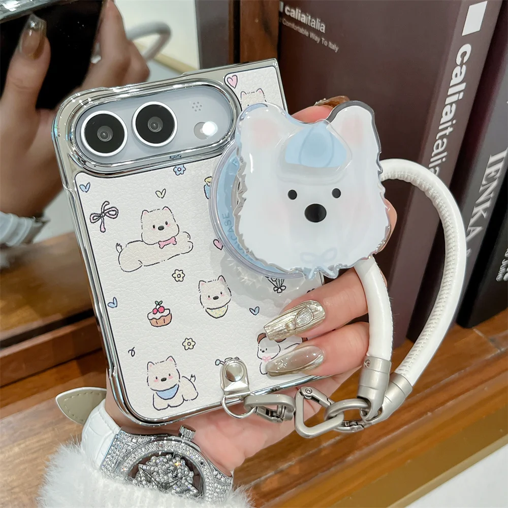 Kawaii Puppy Magnetic Kickstand Case For iPhone Duo Electroplated Metal Edge Shell Bow Decor Wrist Hand Strap Phone Shell