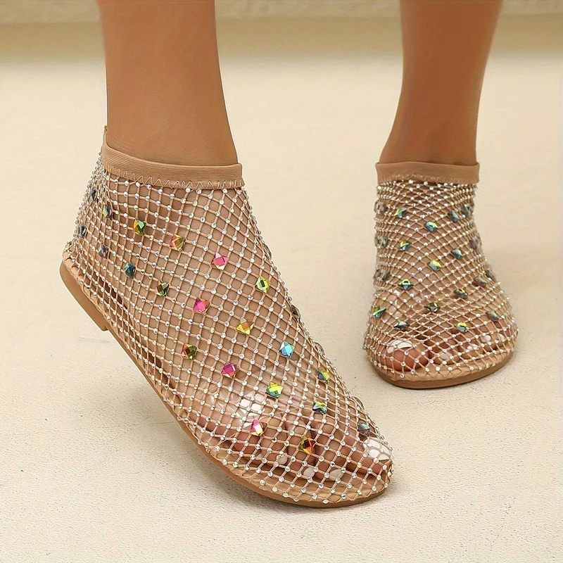 Colorful Rhinestone Flat Sandals for Women Plus Size Fishnet Mesh Vamp Slip-On Crystal Open Toe Summer Sandals