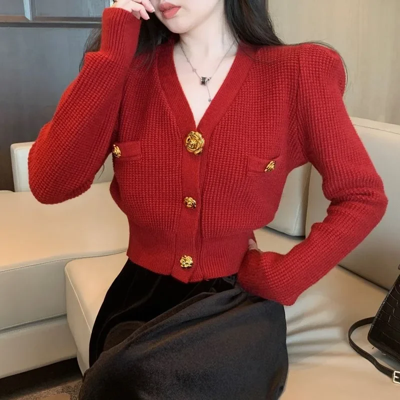 Neploe Elegant 3d Metal Buttons Red Sweaters Mujer 2024 Autumn Slim Waidt Cardigans Y2k Long Sleeve Knitted Tops Women