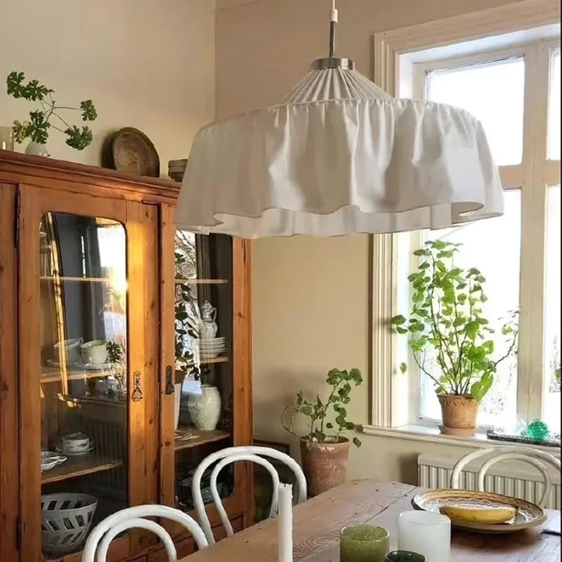 2025 American Retro Wabi Sabi Fabric White Pendant Lamp Living Dining Bedroom B&B Home Decor Cloth Droplight Indoor Lighting Fix