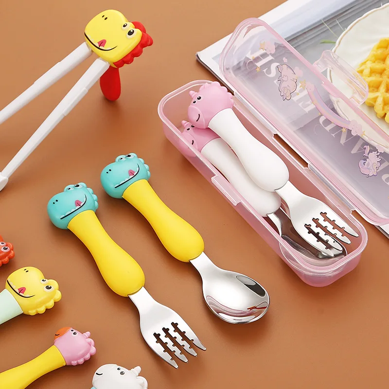 304 Stainless Steel Portable Children's Fork And Spoon Set Dinosaur Baby Cartoon Tableware Baby Learning To Eat Training Cutlery