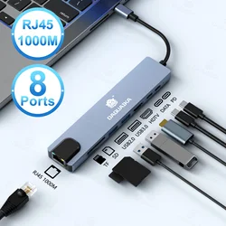 8 in 1 USB C Hub Type C to 4K HDMI Adapter with RJ45 SD/TF Card Reader Fast Charger for MacBook Notebook Windows Laptop Computer