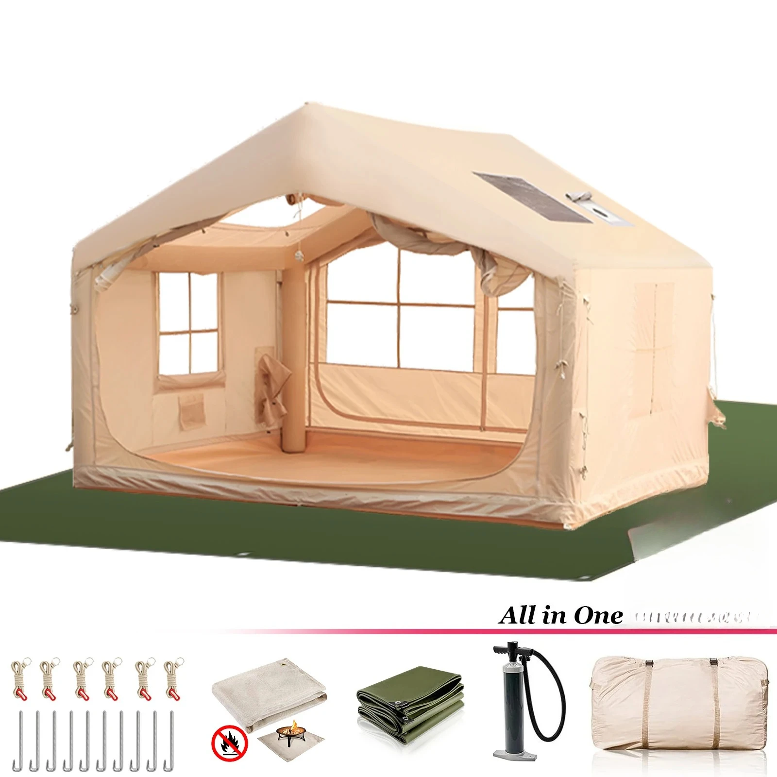 Camping Tent with Waterproof Floor Mat, Outdoor Glamping Blow Up Tent with Tarp