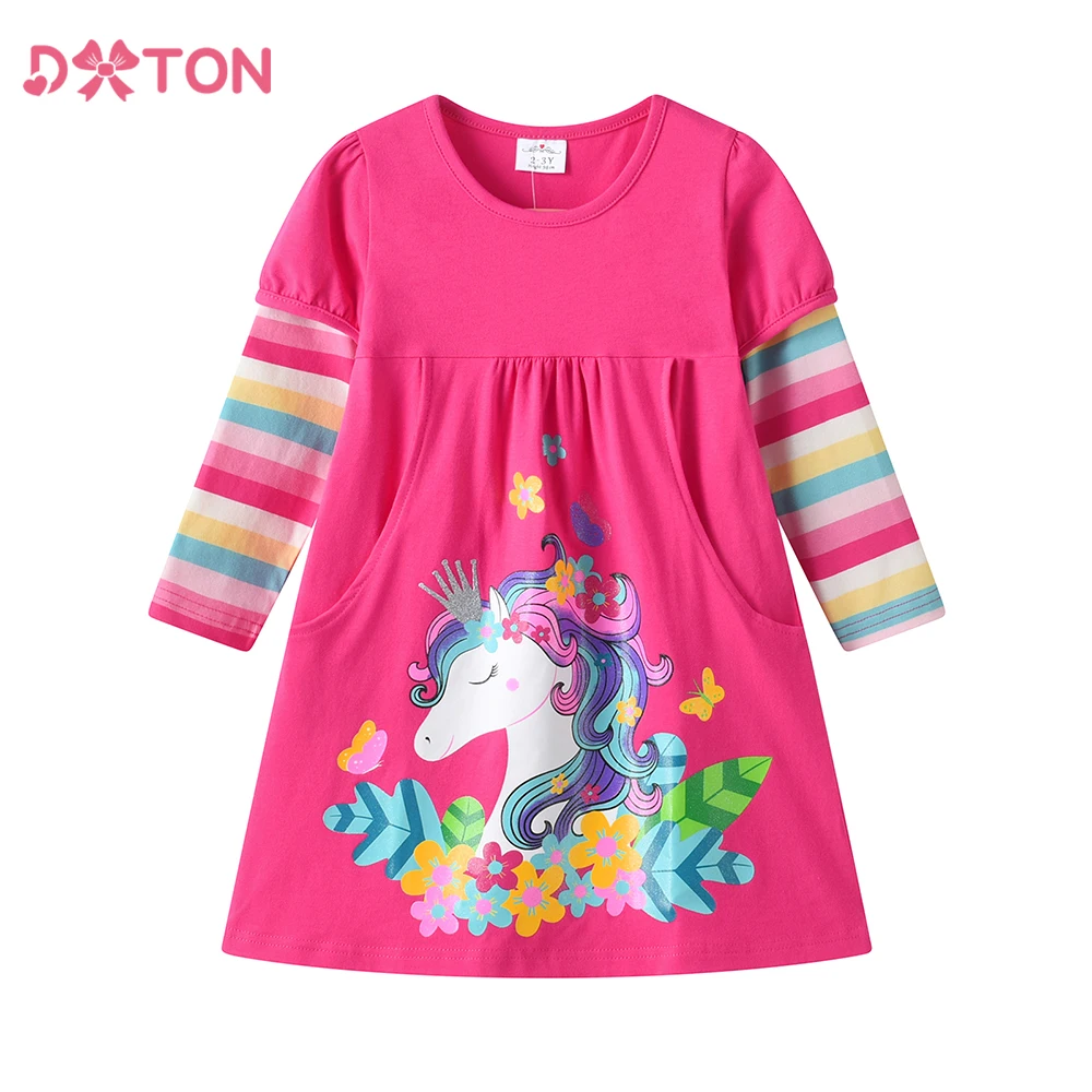 DXTON Toddler's Cotton Dress Spring Autumn Floral Girls Holiday Clothing Licorne Stripe Children Casual Dress Patchwork Pocket