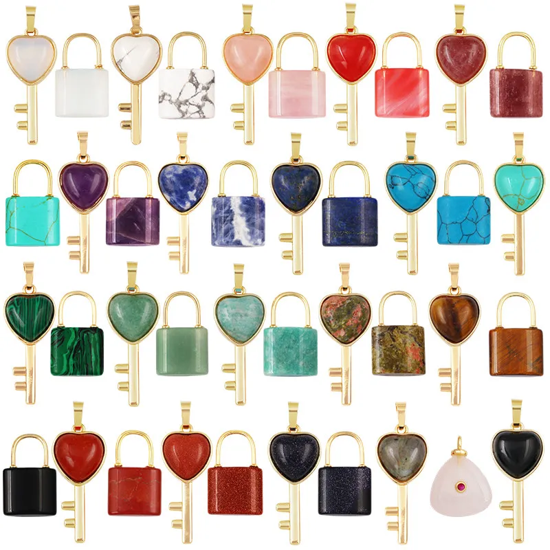 Juego de Colgantes con Forma de Candado y Llave de Piedras Semipreciosas Naturales, Amazonita, Cuarzo Rosa, Turquesa, Cristal, Joyería para Parejas, R95