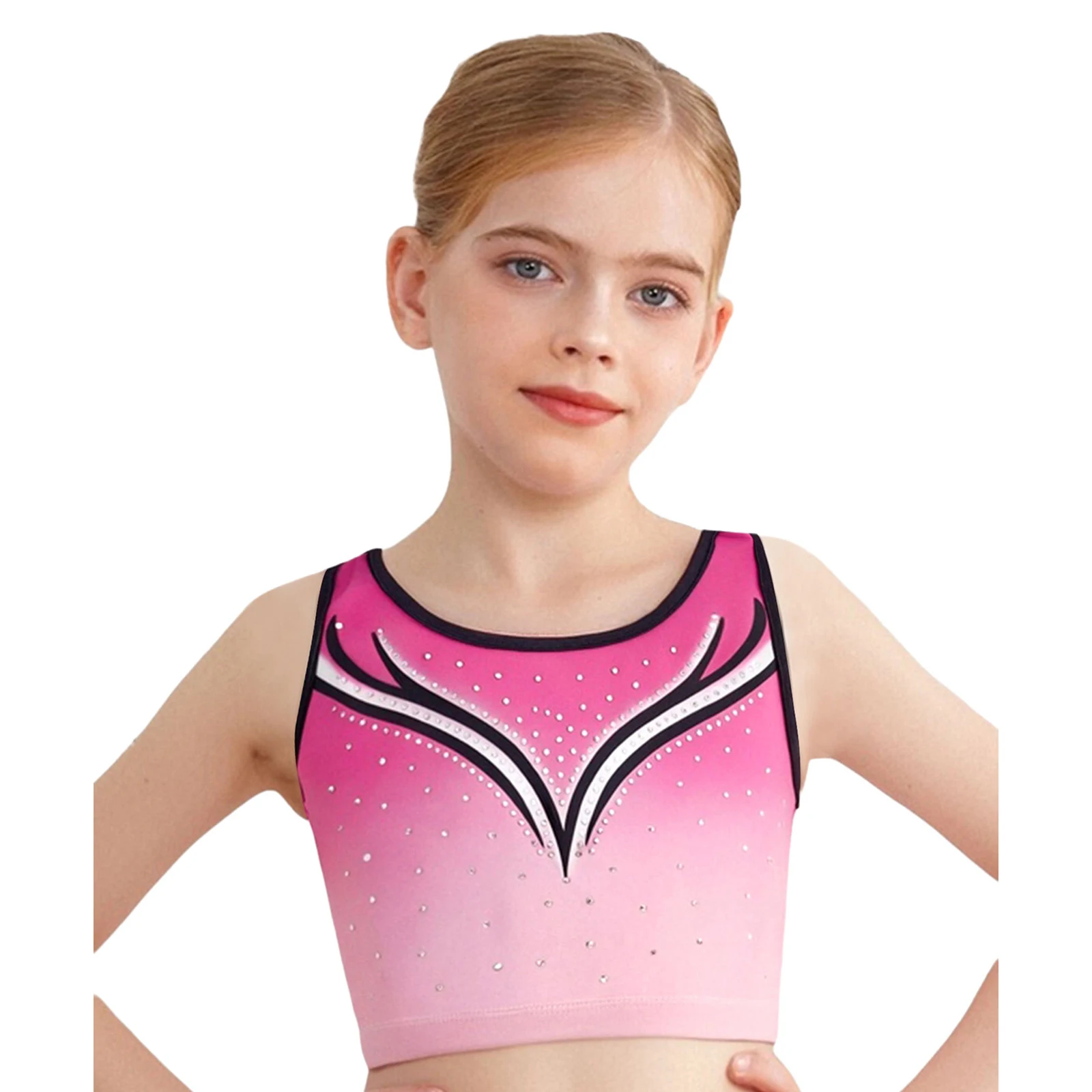 

Kids Girls Gymnastics Ballet Dance Vest Round Neck Sleeveless Sparkling Rhinestones Gradient Crop Top Figure Skating Crop Top