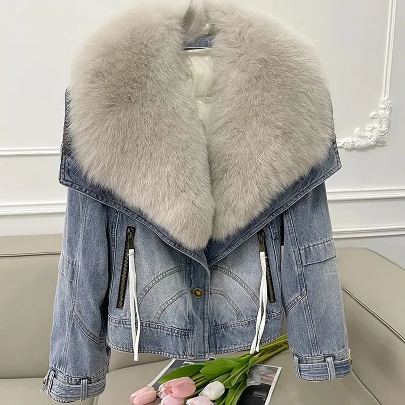 

New Winter Imitation Fox Fur Big Fur Collar Denim Jacket Short Casual Down Cotton Lining Base Coat Women Warm Parka Outerwear